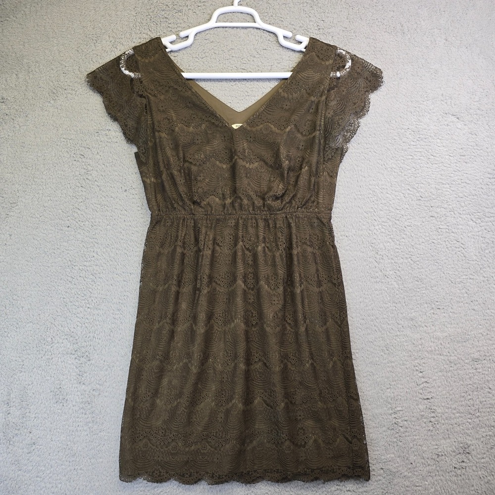 Fossil Dress Womens Medium Olive Green Short Lace Blouson‎ a Line Ruffle Sleeve
